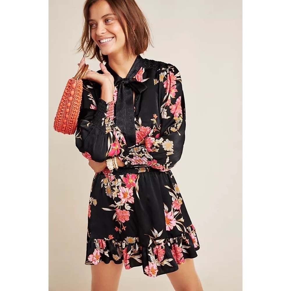 MISA Floral Iyana Tie-Neck Mini Dress